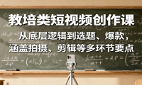 教培类短视频创作课：从底层逻辑到选题、爆款，涵盖拍摄、剪辑等多环节要点