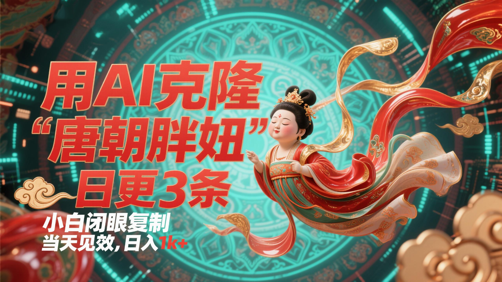 用AI克隆“唐朝胖妞”日更3条，平台疯狂推流，小白闭眼复制，当天见效，日