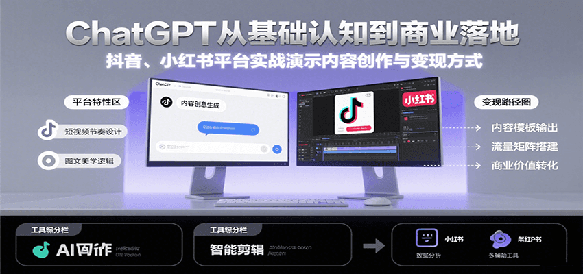 ChatGPT从基础认知到商业落地，实战演示抖音、小红书等平台的内容创作与变